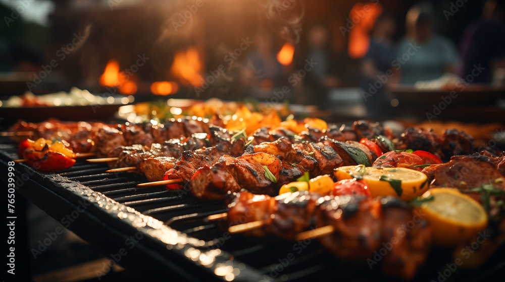 Skewered barbecue meat and vegetables grilling over flames, evening atmosphere with warm lights, outdoor dining concept.