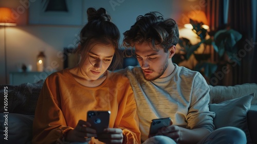 Couple Use Smartphone at Sofa at Night