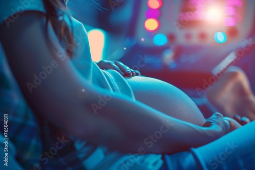 Cropped shot of a pregnant woman during ultrasound scanning at the hospital, clinic, Generative AI