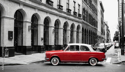 A classic red car stands out in a monochromatic urban landscape, its vibrant color highlighting its unique vintage charm against the muted city backdrop © video rost