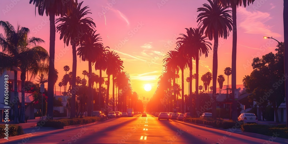 Golden Hour in Los Angeles: Palm Trees and City Lights at Sunset. Concept Photography, Golden Hour, Sunset, Los Angeles, Palm Trees, City Lights - obrazy, fototapety, plakaty 