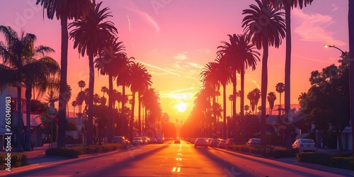 Golden Hour in Los Angeles: Palm Trees and City Lights at Sunset. Concept Photography, Golden Hour, Sunset, Los Angeles, Palm Trees, City Lights photo