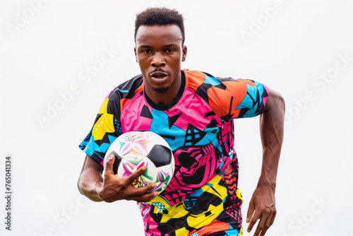 A man in a colorful shirt is holding a soccer ball