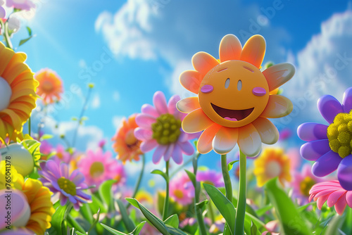 animated smiling flowers basking under a clear sky