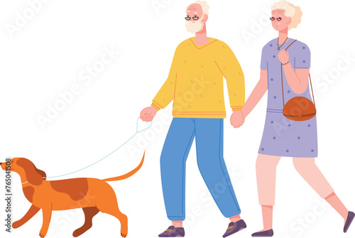 Happy seniors walking with dog on leash. Old people outdoor