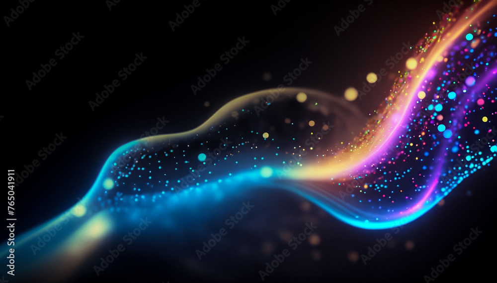 Abstract flowing fluid light particles purple and blue on black background in concept technology, science Abstract flowing fluid light particles purple and blue on black background in concept technology, science