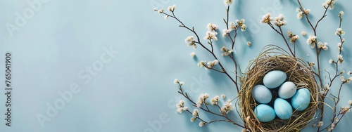 Easter banner with a bird nest and blue eggs on a pastel background, flat lay, copy space photo