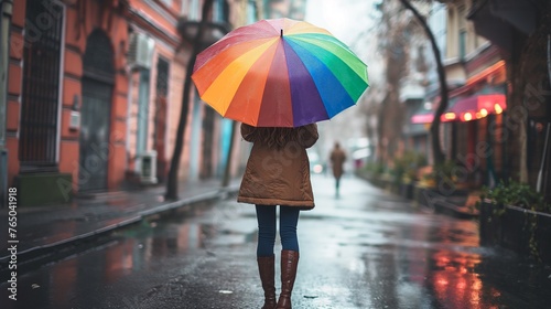 A solitary figure adds a pop of color to a rainy day with a vibrant umbrella on a quiet city street © Dan