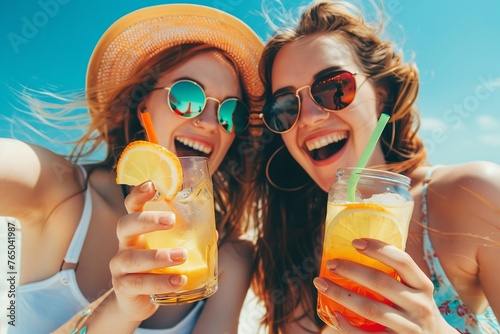 Happy girls, women having fun with tropical cocktails on beach. Travel and summer vacation concept, Generative AI