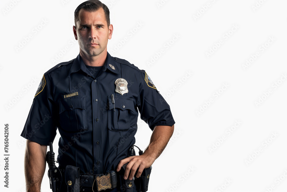 A police officer stands with his hands on his hips A police officer stands with his hands on his hips