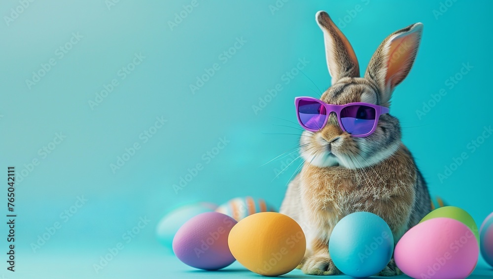 Fototapeta premium A cool Easter bunny wearing purple sunglasses sitting behind colorful eggs on a blue background.