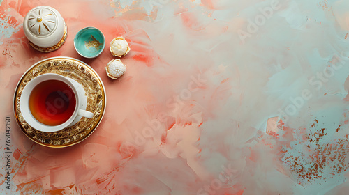 Top view of turkish tea, with a plate of sweets and a small mosque model, pink background, copy space, Ramdan Eid Mubarak concept
