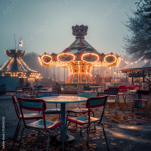 An old carousel is standing in a lonely, foggy square with its lights on.