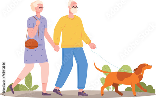 Dog walking seniors. Joyful old couple together