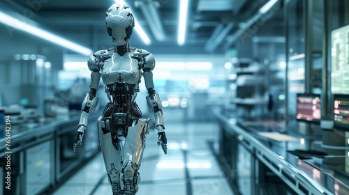 An advanced humanoid robot stands poised in a high-tech laboratory setting, epitomizing the fusion of artificial intelligence and robotics