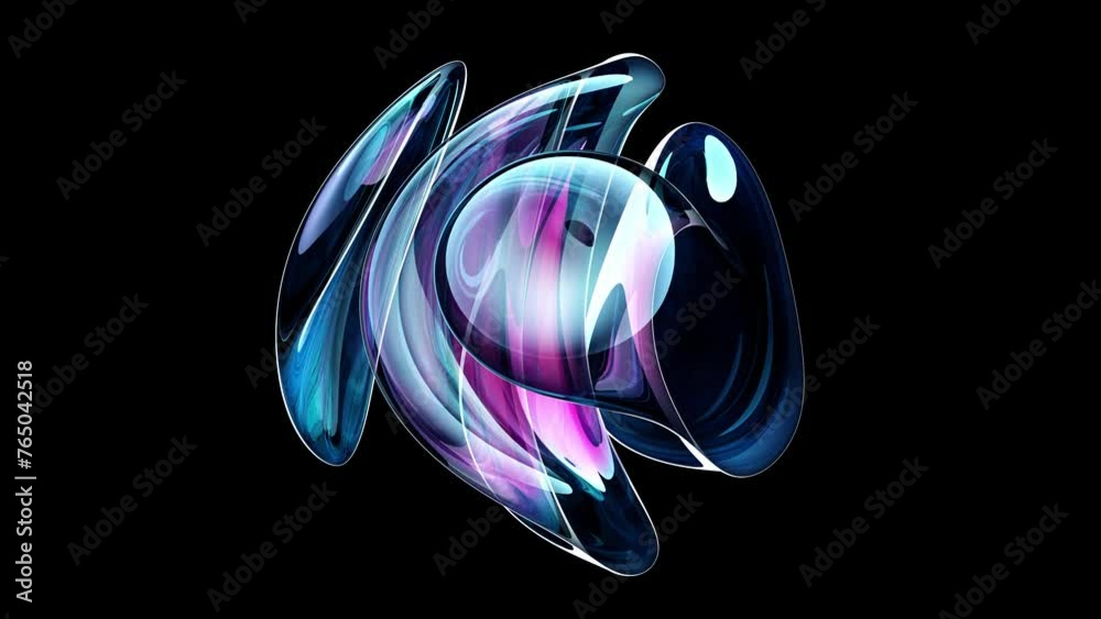 3d render abstract art video animation with a surreal glass sphere or ball in a deformation transformation process in purple and blue gradient color on an isolated black background