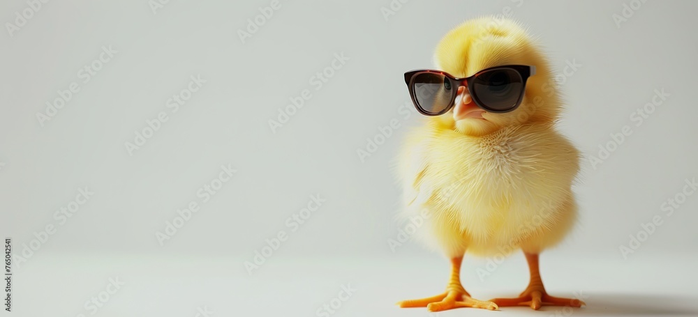 A cute little chick wearing sunglasses on a white background, in the style of photo