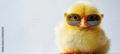 A cute little chick wearing sunglasses on a white background, in the style of photo © nikolettamuhari