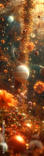 Galactic orange vessel, symbolizing the cycle of life and death in the universe, drifting through a celestial garden of cosmic flowers and planets 3D render, golden hour lighting, chromatic aberration