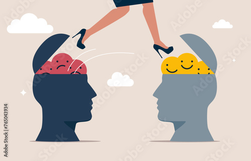 Female change attitude from negative to positive. Modern vector illustration in flat style.