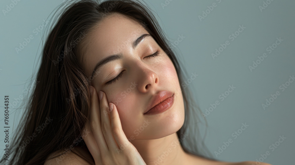 Serene young woman with closed eyes, soft-focus, and detailed facial features. Serene young woman with closed eyes, soft-focus, and detailed facial features.