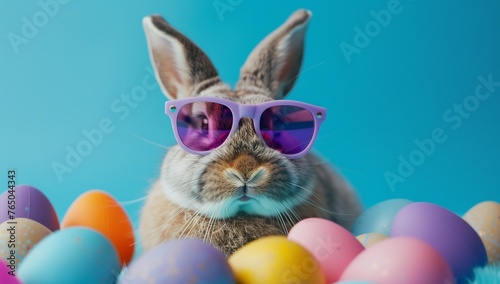 A cool Easter bunny wearing purple sunglasses sitting behind colorful eggs on a blue background.