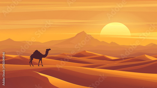 Silhouette of a camel against an orange desert landscape during sunrise. Stylized digital illustration with a minimalist feel and smooth gradients.