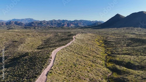 Ariel View Of Dirt Road And Valley With Wild Flowers In Tonto National Forest In Arizona Spring 2024  photo