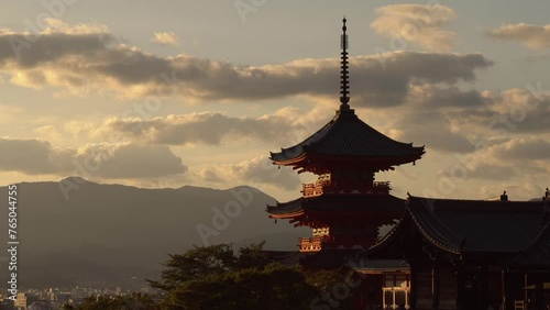 Vermilion Pagoda at Kiyomizu-dera - Famous Japanese Temple in Kyoto at Sunrise