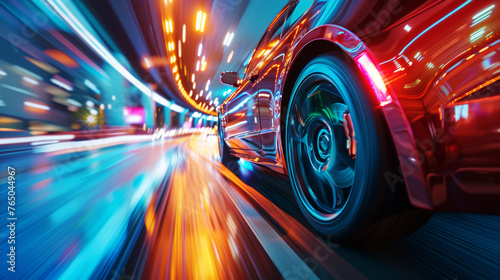 Luminous Urban Speedster. Side view of a car speeding through the night, its lights blurring into the urban landscape, symbolizing energy and motion.