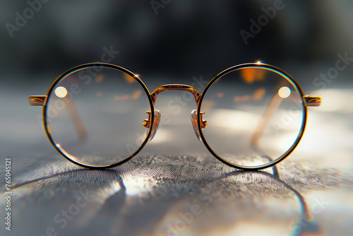 A pair of gold framed glasses with a black frame. The glasses are sitting on a table