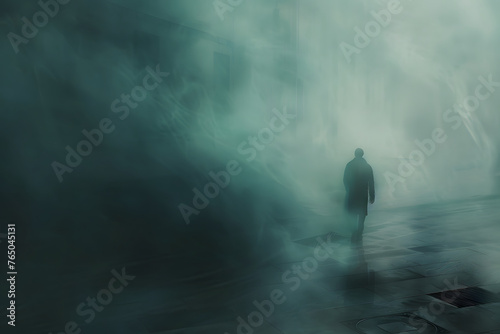 A lonely blurred figure walking away into the distance. Social issues or loneliness concept. Cinematic blur art photography in blue color. A blur art of a man figure walking in abstract natural place.