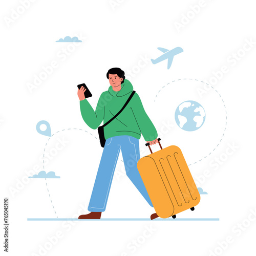 A man walking with a suitcase and holding a phone in his hands at the airport, the concept of digital nomads, a single traveler.