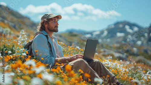 Young man freelancer traveler wearing hat anywhere working online using laptop and enjoying mountains view,generative ai photo