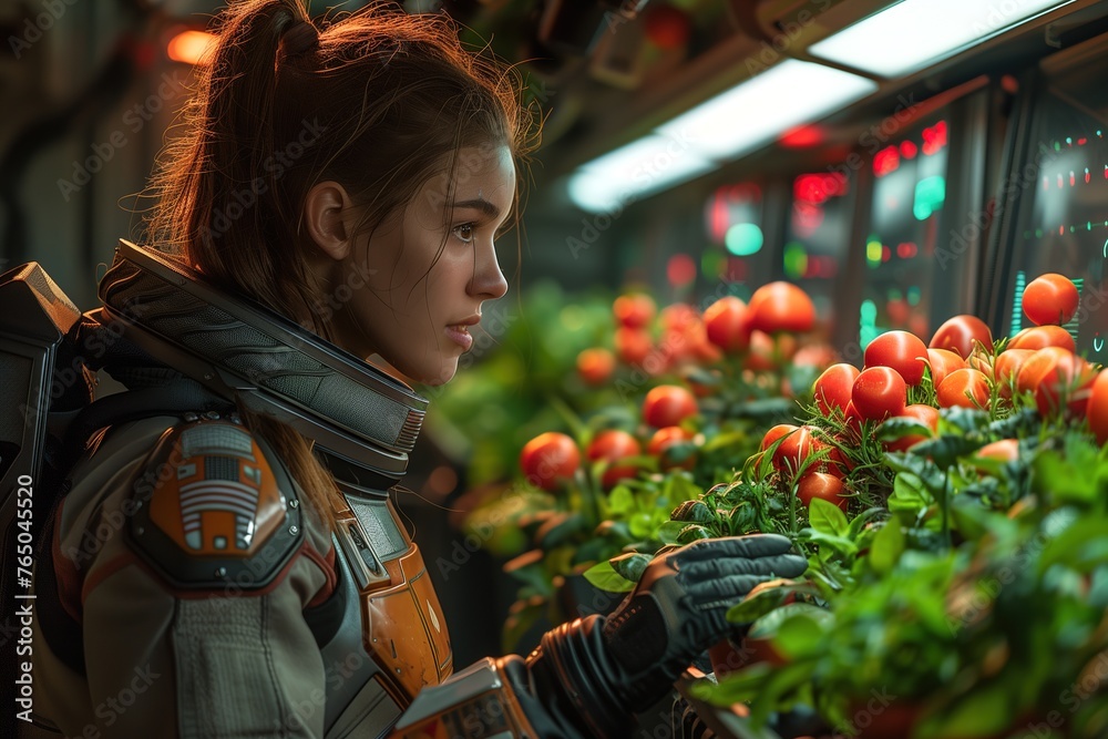Woman Examining Tomatoes in Greenhouse