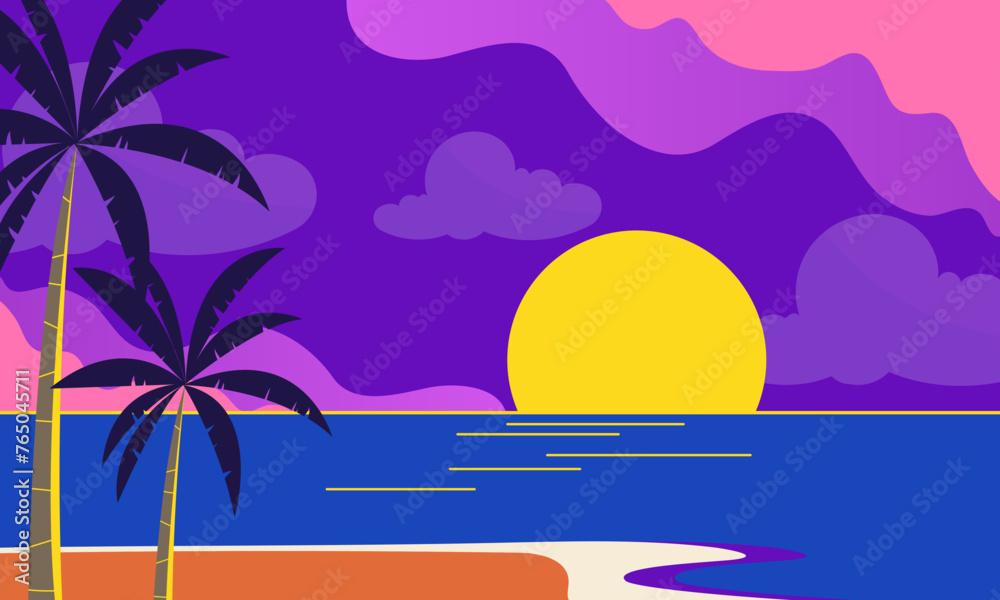 Sea and beach landscape concept. Summer beach sunset. vector illustration