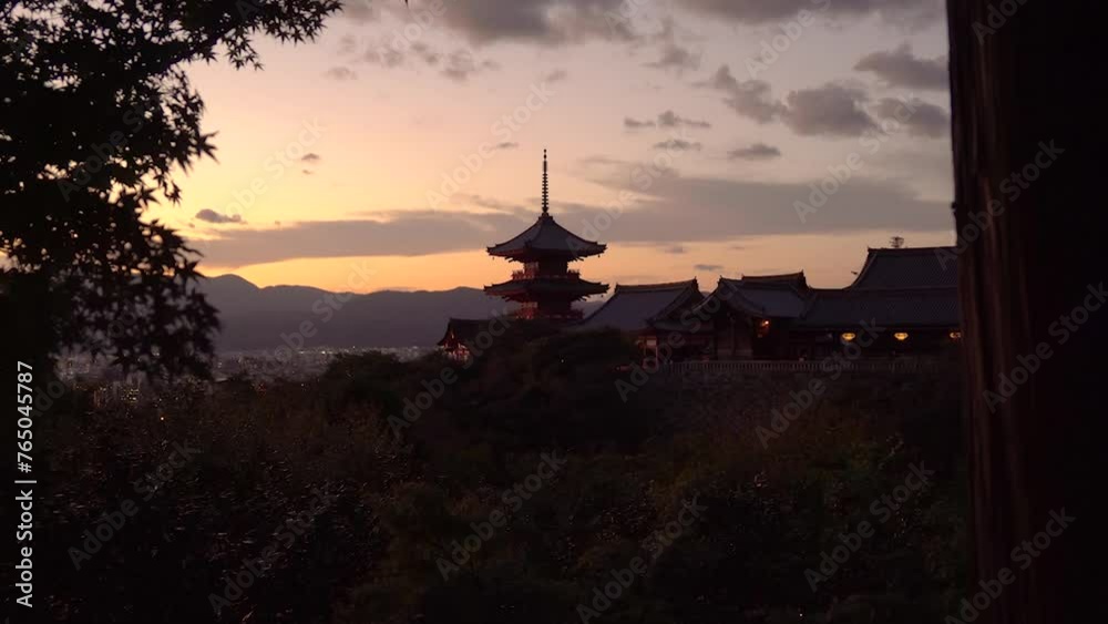 Sunset at Kiyomizu-dera Temple in Kyoto, Japan - Upwards Motion Sunset at Kiyomizu-dera Temple in Kyoto, Japan - Upwards Motion