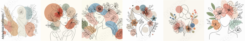 set of Line art of beautiful woman's face and flowers
