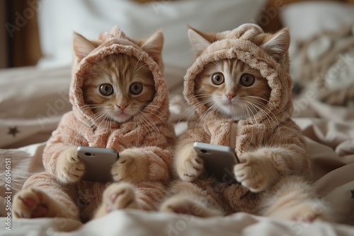 Two Cute British Shorthair Kittens Sitting on Top of a Bed photo