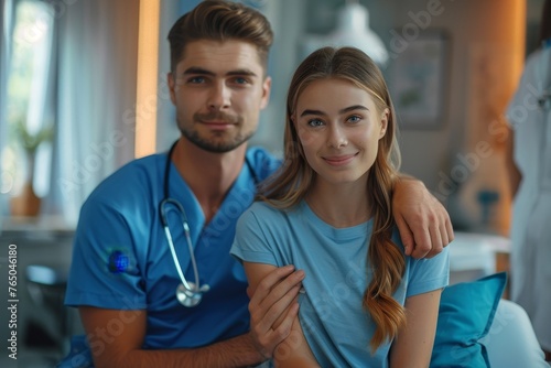Male professional chiropractor or physical therapist massaging young Caucasian woman's arm sitting on the couch in rehabilitation hospital. Physiotherapy and osteopathic medicine, Generative AI