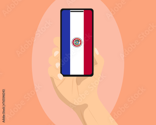 Paraguay flag on mobile phone screen, holding smartphone, advertising social media or banner concept