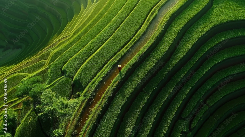 Aerial View of Lush Green Rice Field