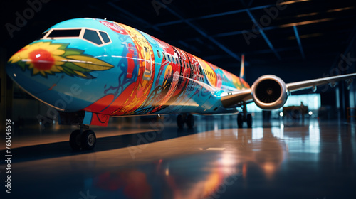A airplane fuselage with the company logo and colorful tail fin design.