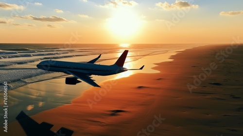 Airplane silhouette shadow on beach, aerial view, travel concept for wanderlust enthusiasts