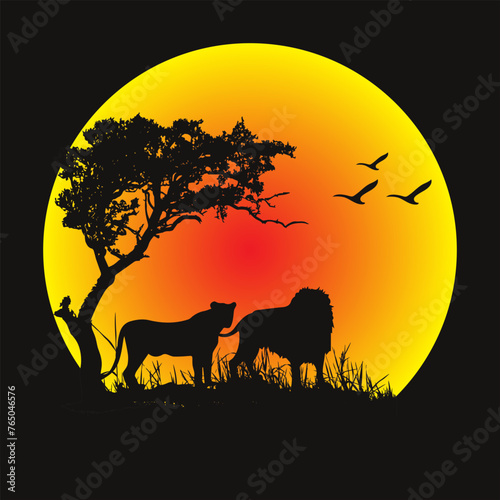 Colorful sunset scene  african landscape with silhouette of trees and lion.