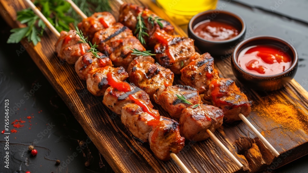 Barbecue skewers with meat and vegetables on wooden board, closeup