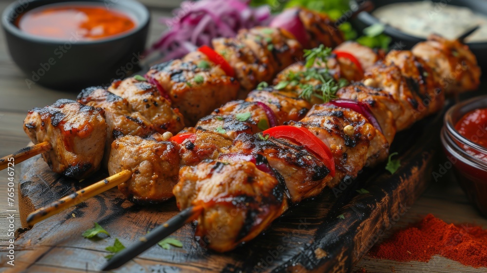 Chicken kebab on skewers with vegetables on cutting board, closeup