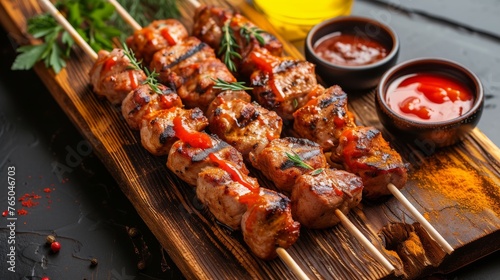 Barbecue skewers with meat and vegetables on wooden board, closeup