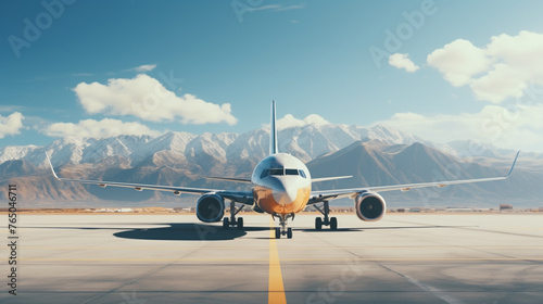 A airplane parked at a remote airport gate with mountains in the background.