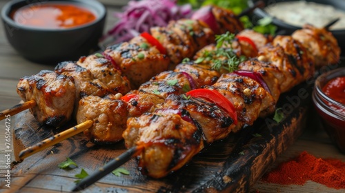 Chicken kebab on skewers with vegetables on cutting board, closeup
